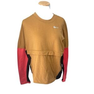 Nike Women's Tan Sweatshirt with Red and Black Sleeves
